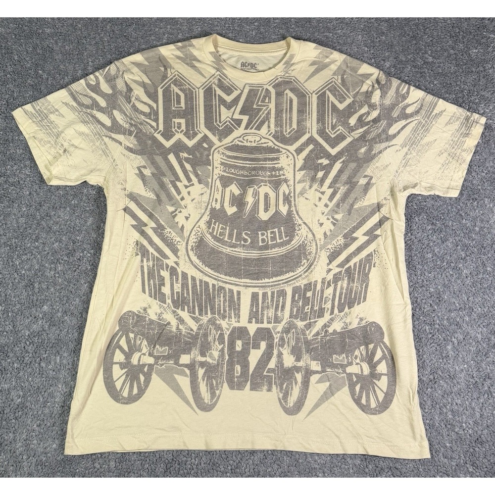 ACDC Rockware The Cannon And Bell Tour Print T-Shirt Men's Large Beige 2007 Y2K
